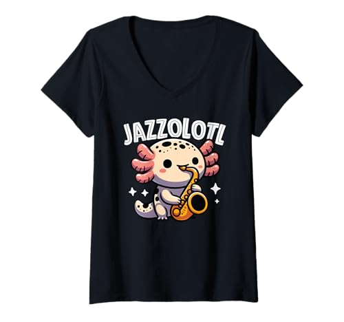 Damen Jazzolotl Lustige Axolotl Jazzmusik T-Shirt mit V-Ausschnitt Damen Jazzolotl Lustige Axolotl Jazzmusik T-Shirt mit V-Ausschnitt von Für Axolotl Liebhaber Und Tierwortspiel