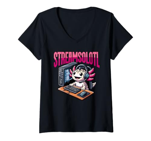 Damen Streamsolotl Lustiger Axolotl Gamer T-Shirt mit V-Ausschnitt von Für Axolotl Liebhaber Und Tierwortspiel