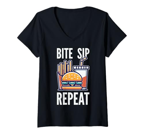 Damen Burger, Pommes, Getränk. Beißen. Schlürfen. Wiederholen. T-Shirt mit V-Ausschnitt Damen Burger, Pommes, Getränk. Beißen. Schlürfen. Wiederholen. T-Shirt mit V-Ausschnitt von Für Fast-Food-Fans