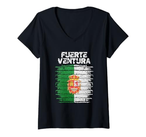 Damen Fuerteventura-Flaggen-Emblem T-Shirt mit V-Ausschnitt Damen Fuerteventura-Flaggen-Emblem T-Shirt mit V-Ausschnitt von Fuerteventura Design