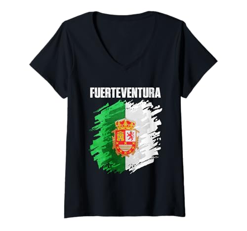 Damen Fuerteventura-Flaggen-Emblem T-Shirt mit V-Ausschnitt Damen Fuerteventura-Flaggen-Emblem T-Shirt mit V-Ausschnitt von Fuerteventura Design