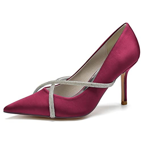 Damen Spitze Pumps Mit Pfennigabsatz Komfort Satin Hochzeitsschuhe Brautschuhe,Burgundy,39 EU von FufoneUS