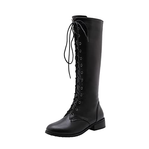 FufoneUS Damen Winterstiefel Kniehoch Stämmiger Absatz Plateau Schnürung Halblange Stiefel,Schwarz,41 EU von FufoneUS