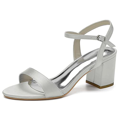 Sandaletten Damen Offene Zehen Riemchensandalen Blockabsatz Brautschuhe Für Hochzeit,Silber,35 EU von FufoneUS