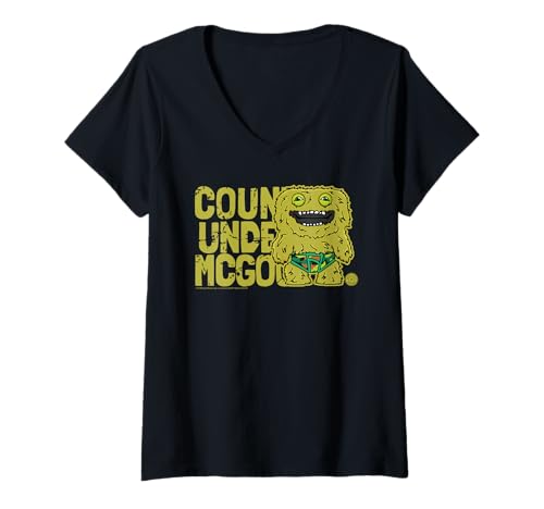 Damen Count Underoo McGoo Grüner Wellensittich-Fuggler-Monstertext T-Shirt mit V-Ausschnitt von Fuggler