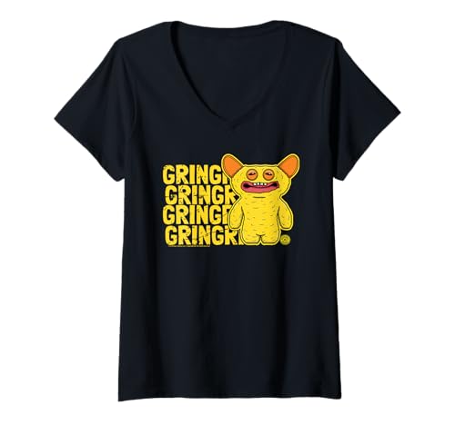 Damen Fuggler Grinsen Gelb Snuggler Monster Text T-Shirt mit V-Ausschnitt von Fuggler