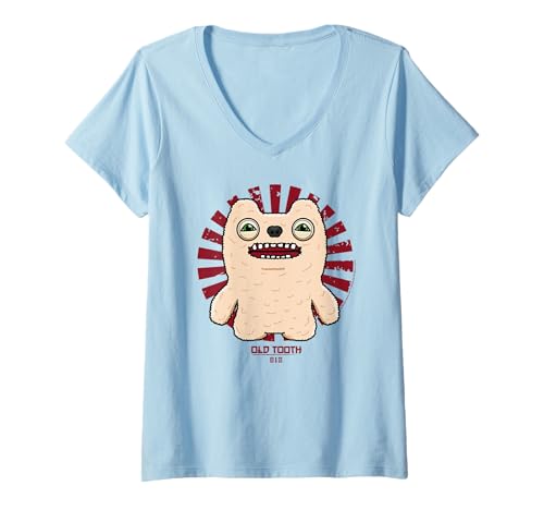 Damen Fuggler Old Tooth Cream Originals Retro Japanischer Text T-Shirt mit V-Ausschnitt von Fuggler