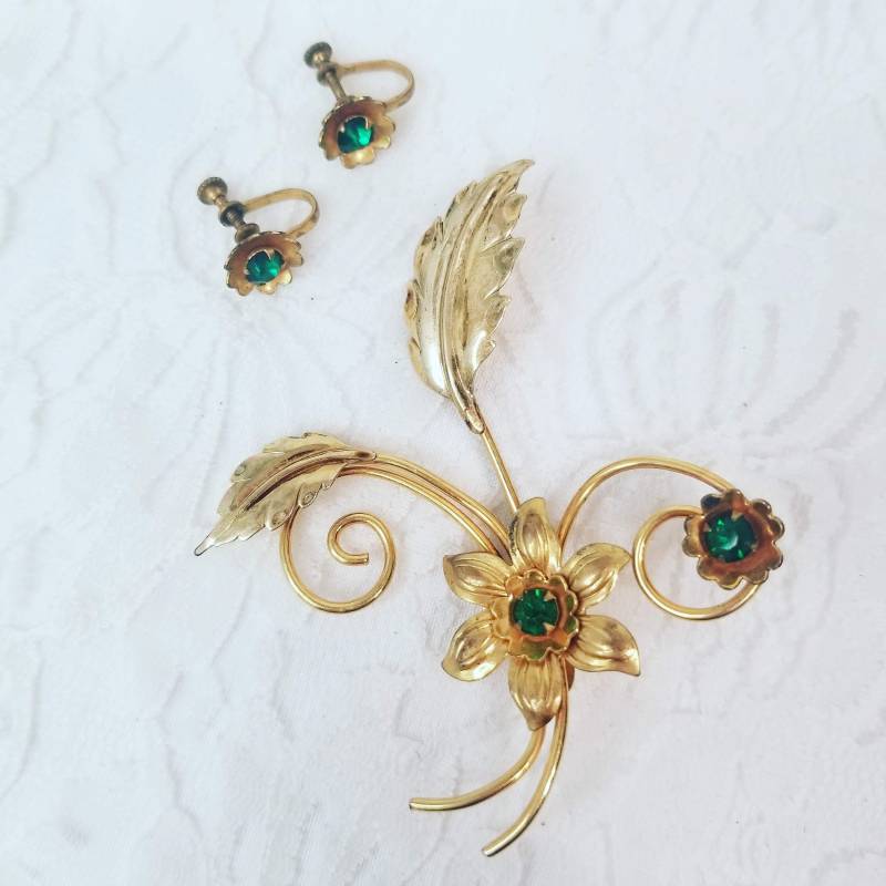 Antikes Gold Filled Schmuck Set Signierte Allen Brosche & Ohrringe von FugitiveKatCreations
