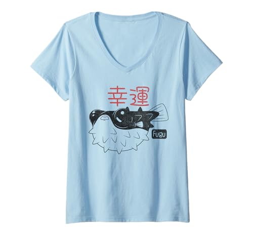 Damen Fugu Fisch 'Viel Glück' - Sushi Humor Japan Mutiger Esser T-Shirt mit V-Ausschnitt Damen Fugu Fisch 'Viel Glück' - Sushi Humor Japan Mutiger Esser T-Shirt mit V-Ausschnitt von Fugu Fortune Co. - Glück mit Risiko