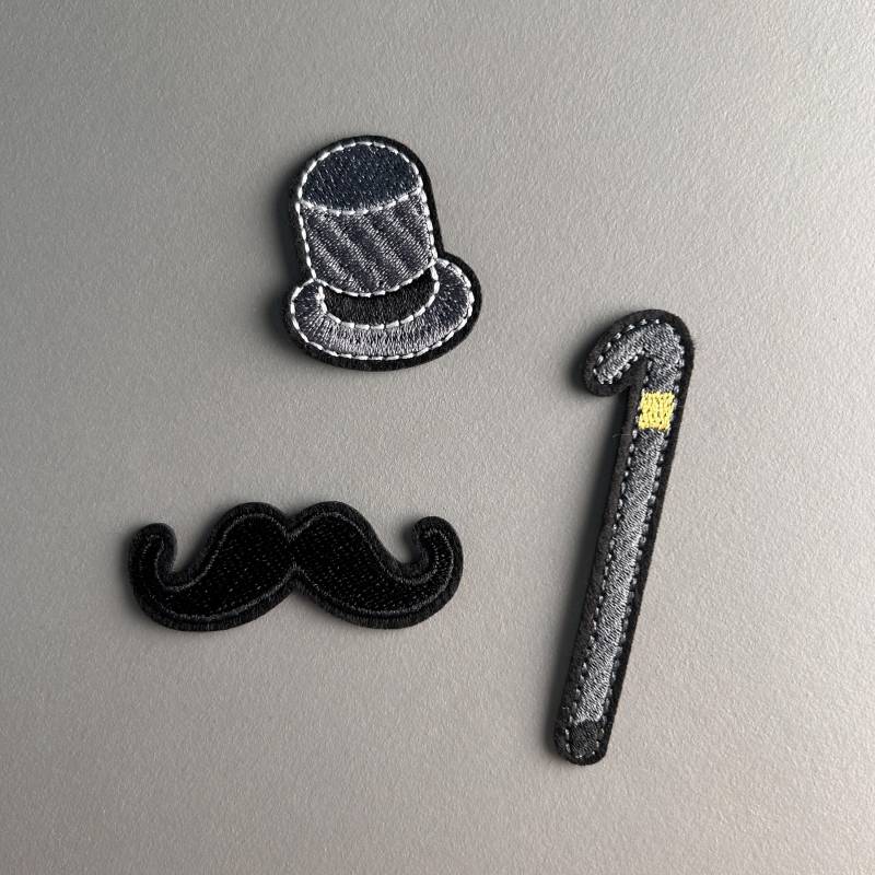 3 Stück Eleganter Gentleman Aufnäher - Hut, Schnurrbart, Spazierstock Patches Zum Aufbügeln Oder Nähen Diy Geschenk Textilien von FuguSocken