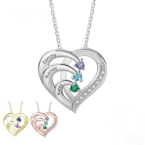 FuigeBach Benutzerdefinierte Herz-Halskette 24K vergoldet 925 Sterling Silber personalisiert mit 2-6 Geburtssteinen eingraviert Name Mütter Anhänger Geschenk für sie (Rose Gold) von FuigeBach