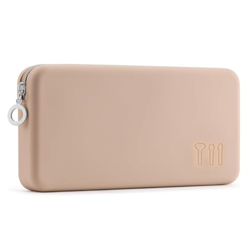 Reise-Make-up-Pinselhalter, khakifarbenes Silikon-Make-up-Pinseletui mit Reißverschluss, tragbare Kosmetikpinseltasche, Organizer für tägliche Arbeit und Reisen, gebrochenes weiß, SIMPLE von Fuikupe