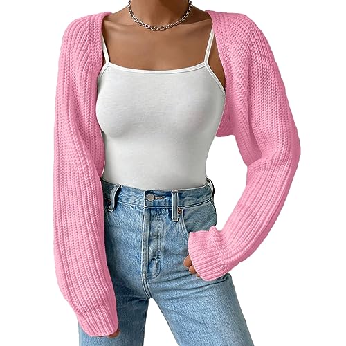 Fuimsul Frauen Offene Front Gerippt Strick Crop Bolero Drop Schulter Langarm Solide Lose Fit Gestrickte Crop Cardigan Shrug, Pink, Klein von Fuimsul
