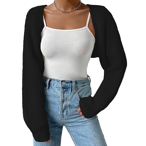 Fuimsul Frauen Offene Front Gerippt Strick Crop Bolero Drop Schulter Langarm Solide Lose Fit Gestrickte Crop Cardigan Shrug, Schwarz, Groß von Fuimsul