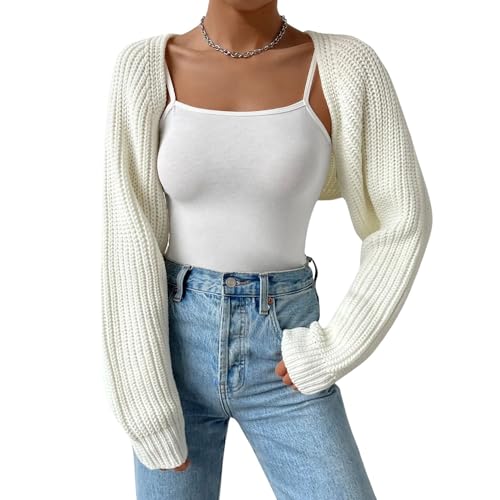 Fuimsul Frauen Offene Front Gerippt Strick Crop Bolero Drop Schulter Langarm Solide Lose Fit Gestrickte Crop Cardigan Shrug, Weiss/opulenter Garten, Groß von Fuimsul