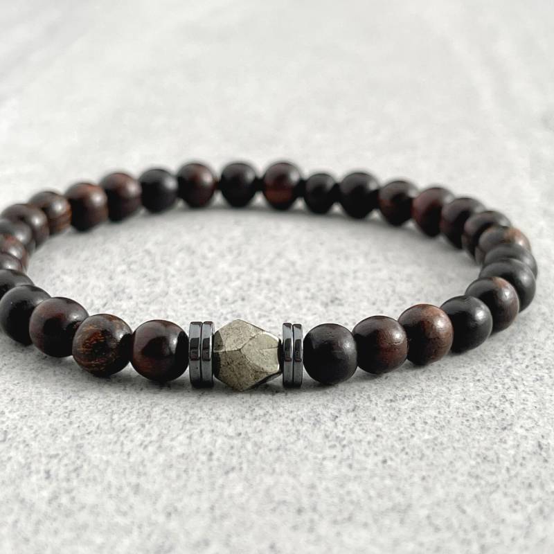 Herren Perlen Armband - 6 Mm Ebenholz Holz Mit Facettierten Pyrit Und Hämatit Spacern, Holzperlen Stretch Armband, Geschenk Für Ihn von FujiBeads