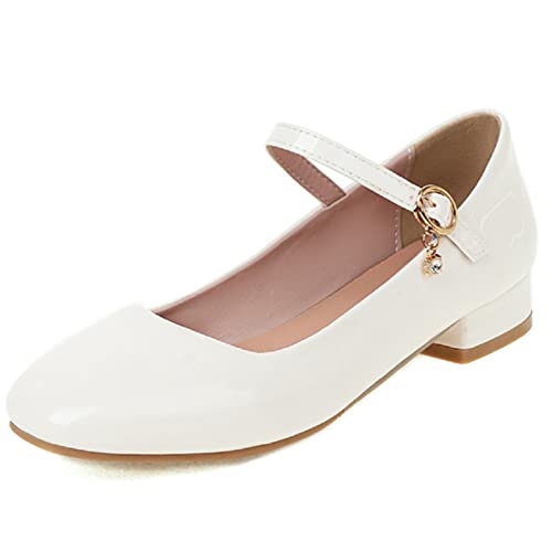 Fujian Friday Elegante kurze Absätze Schuhe Damen Träger Weiß Absatz Pumps Damen Große Größe Mary Janes Büro Party Hochzeit Schuh Damen Große Größe - Weiß, 7 von Fujian Friday