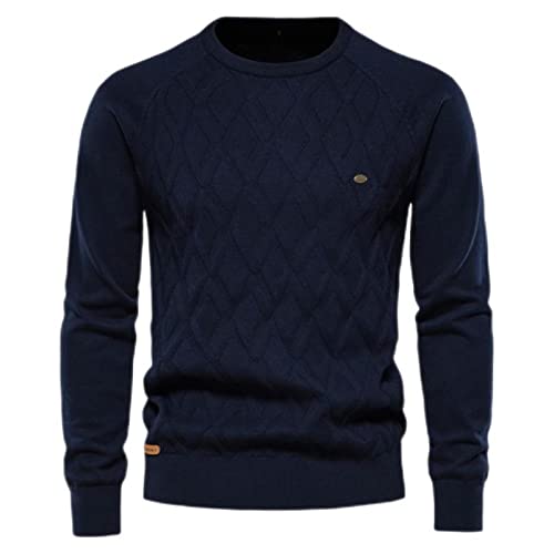 Fujian Friday Rautenmuster Basic Herren Pullover Einfarbig O-Ausschnitt Langarm Strick Herren Pullover Winter Mode Neu Warm Herren Pullover Marineblau, Größe XL 80-88 kg von Fujian Friday