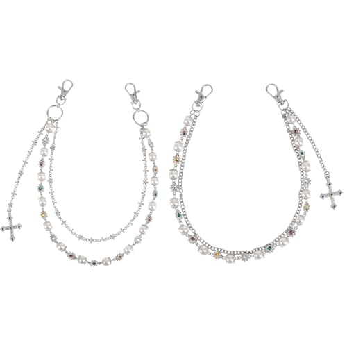 2 Stück Modische Lagen-Hosentaschenketten, Imitationsperlen & Strassketten mit Blume Kreuz Anhänger Schmuck Zubehör für Damen Herren Hosen Jeans Geldbörsen (Silber) von Fukaisu