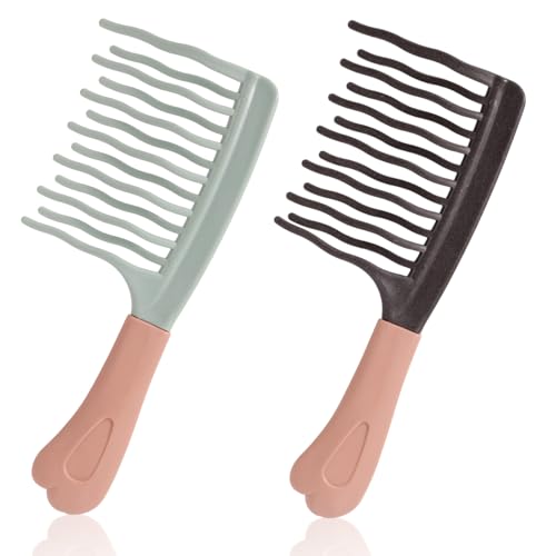 2stk Breitzahniger Lockenkamm, Entwirrungsbürste mit Doppelreihe Wellenzähne für Langes/Dickes Trocken/Nasses Haar für Damen/Mädchen (Grau, Grün) von Fukaisu