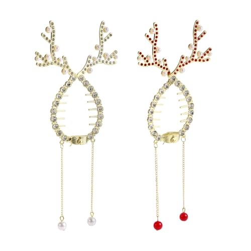 2stk Weihnachts Rentier Haarspangen, Zinklegierung Rentier Weihnachts Haarschmuck Festival Pferdeschwanz Dutt Halter mit kleinen Perlenanhängern für Frauen Weihnachtsparty Dekoration von Fukaisu