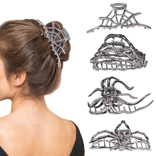 4 Stück Halloween Haarklammern für Frauen und Mädchen, Gruselige Gotische Haar Accessoires aus Metall mit Hohlem Design Spinnennetz Skeletthand Spinnenklammern für Halloween Partys und Cosplay von Fukaisu