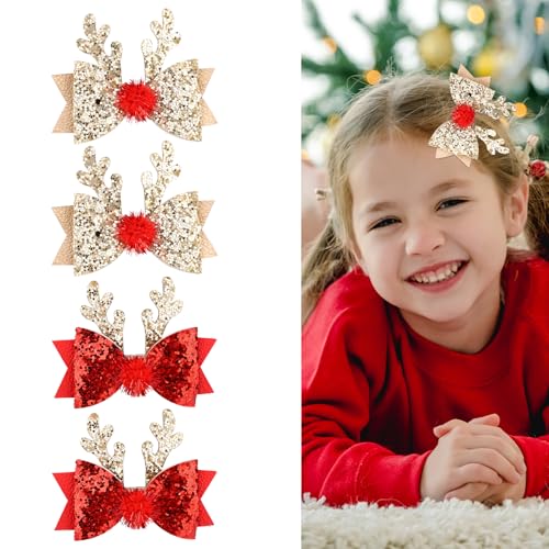 Fukaisu 4stk Weihnachts-Haarklammern, Niedliche Rentier-Geweihe Haarschleifen-Klammern Glitzer-Pailletten Weihnachts-Haarspangen Festliche Kopfschmuck für Frauen Mädchen Strumpf-Füller (Rot, Gold) von Fukaisu
