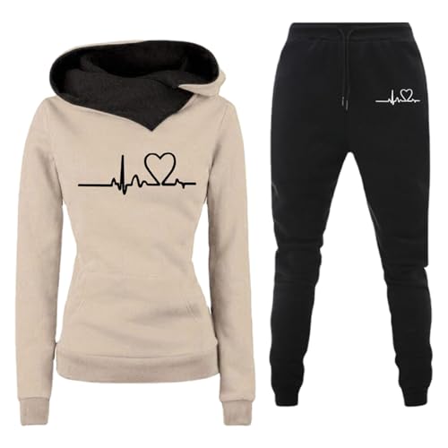 Fukamou Damen Trainingsanzug Set 2 Teiler Heartbeat Jogginganzug Sport Und Freizeit Kapuzenpullover Outdoor Sport Sweatshirt Hosenanzug von Fukamou