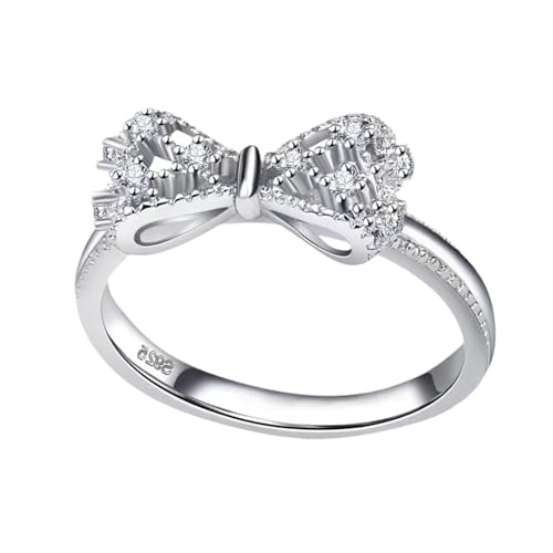 Fukamou Fliege-Ring, Band-Ring | Silberner Schleifenring Mit Zirkonia Und Schleife,Stapelbare Statement-Ringe Für Frauen, Runder -Verlobungsring Mit Pavé-Fassung von Fukamou