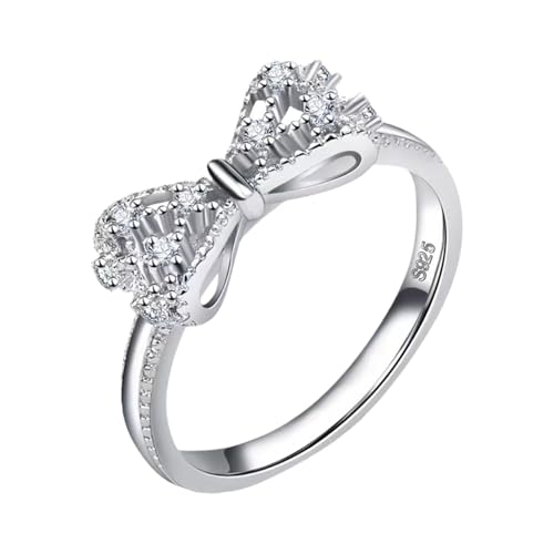 Fukamou Fliege-Ring, Band-Ring | Silberner Schleifenring Mit Zirkonia Und Schleife,Stapelbare Statement-Ringe Für Frauen, Runder -Verlobungsring Mit Pavé-Fassung von Fukamou
