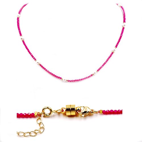 Fukugems Twinkling Gestmstone Beaded Halskette zierliche Stein Halskette für Frauen, Freshwater Pearl Ruby Halskette von Fukugems