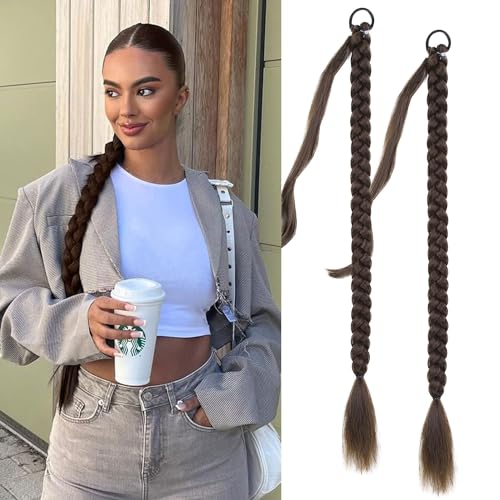 Fulang Hair 2PCS Braid Ponytail Extension Zopf mit Haargummi Haarteil zum Einflechten Lang Ponytail Kunsthaar für Frauen Geflochtener Haarteil (Tiefes Rotbraun) von Fulang Hair