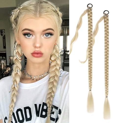 Fulang Hair 2PCS Braid Ponytail Extension Zopf mit Haargummi Haarteil zum Einflechten Lang Ponytail Kunsthaar für Frauen Geflochtener Haarteil (verblasstes Gold) von Fulang Hair