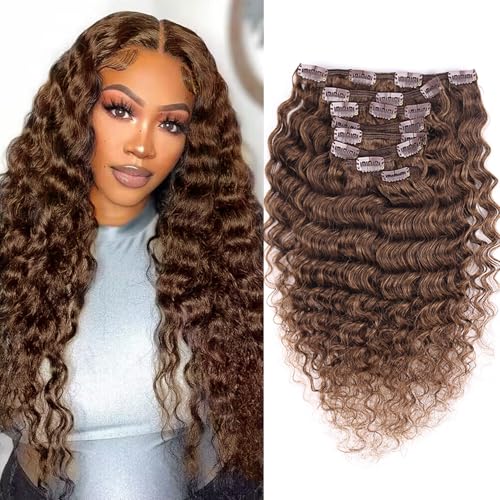Fulang Hair Deep Curly Clip in Extensions Echthaar 55cm 8PCS 120g Dunkel Braun Haarteile Echthaar Extensions Clip in Haarverlängerung für Frauen von Fulang Hair