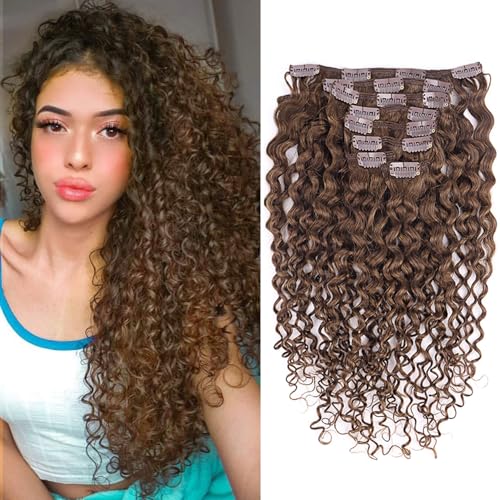 Fulang Hair Kinky Curly Clip in Hair Extensions Echthaar 45cm 8PCS 120g Dunkel Braun Haarteile Echthaar Extensions Clip in Haarverlängerung für Frauen von Fulang Hair