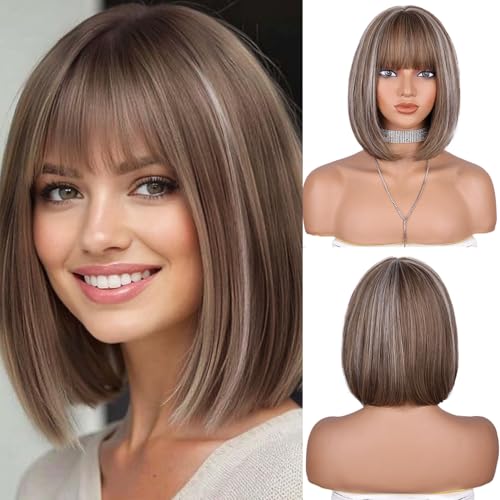 Fulang Hair Ombre Blond Bob Perücken Mit Pony Kurze Glatte Blonde Perücken Damen, Schulter Lange Bob Perücke Mit Pony, Natürliche Haare Synthetische Perücke Für Den Täglichen Gebrauch von Fulang Hair
