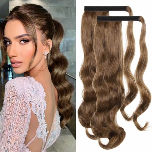 Fulang Hair 2PCS Hellbraun Lang Locken Pferdeschwanz Natürliche Zopf Haarteil Ponytail Extension Synthetik Haarverlängerung Zopf Haar Extension für Damen Mädchen von Fulang Hair