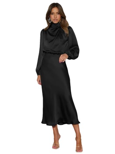 Damen Satin Langarm Schalkragen Kleid Solide Abendkleider Party Kleider, Schwarz , Small von Fulbant