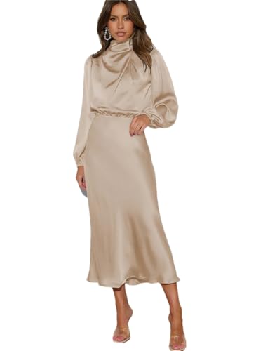 Damen Satin Langarm Schalkragen Kleid Solide Abendkleider Party Kleider, aprikose, Small von Fulbant