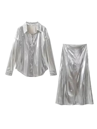 Fulbant 2024 Metallic Button Up Glitzer Shirts für Damen Luxus Midi Röcke Sets, Set, 38 von Fulbant