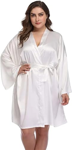 Fulbant Damen-Kimono-Bademantel mit Spitze, Nachtwäsche, Satin-Nachthemd, V-Ausschnitt, Dessous, Nachthemd, lockerer Bademantel, weiß, 50 von Fulbant