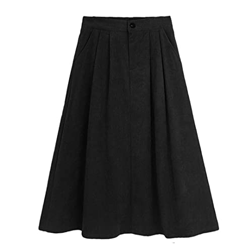 Fulbant Damen Midi Langer Cordrock Winter Herbst Hohe Taille A Linie Casual Büro Faltenrock, Schwarz , Einheitsgröße von Fulbant