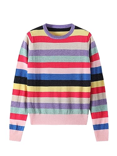 Fulbant Frauen Regenbogen Bunte Streifen Pullover Casual 2023 Oansatz Lose Strickwaren Pullover 7 L von Fulbant