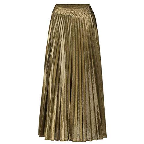 Fulbant Frühling Damen Hohe Taille A-Linie Plissee Silber Vintage Elastisch Lang Halbkörper Rock, Elegantes Gold, 40 von Fulbant