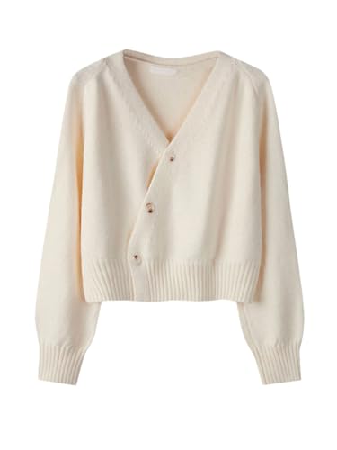 Fulbant Herbst Winter Frauen Skew Button Strickjacke V-Ausschnitt Pullover Gestrickte Lange Ärmel Lose Feste Kaschmir Pullover Beige One Size von Fulbant