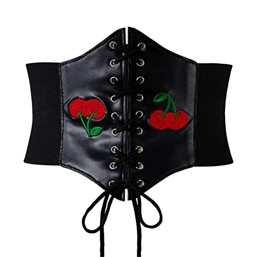 Gothic Breite elastische Unterbrust Kirsche Stickerei Korsett für Frauen PU Leder Schwarz Vintage Gürtel von Fulbant