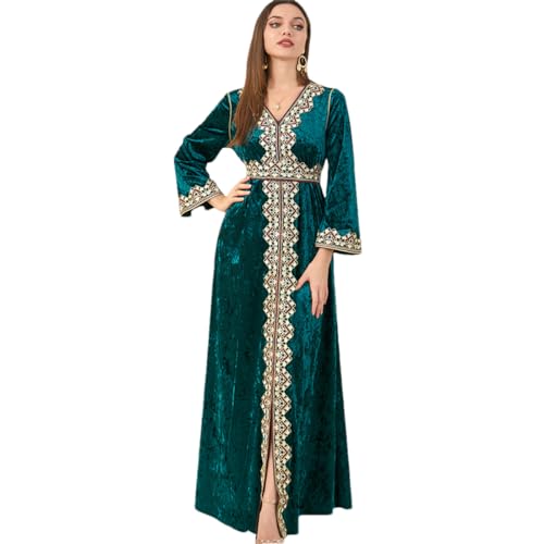 V-Ausschnitt-Kleid Für Damen 2024 Frühling Goldenes Fleece-Langarmkleid Mit Gürtel Türkische Abaya En8 XXL von Fulbant