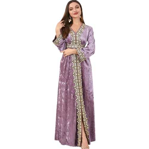 V-Ausschnitt-Kleid Für Damen 2024 Frühling Goldenes Fleece-Langarmkleid Mit Gürtel Türkische Abaya Purple L von Fulbant