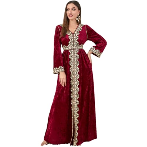 V-Ausschnitt-Kleid Für Damen 2024 Frühling Goldenes Fleece-Langarmkleid Mit Gürtel Türkische Abaya Red M von Fulbant