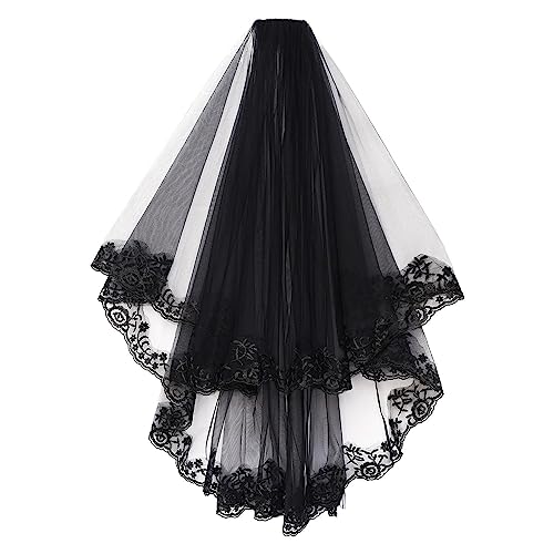 Brautschleier Schwarz Halloween Schleier Spitze Witwenschleier mit Kamm Haarschmuck Ellenbogen Länge Haarreif Dekoration Gothic Hexen Kostü Accessoires für Karneval Fasching Cosplay von Fulenyi